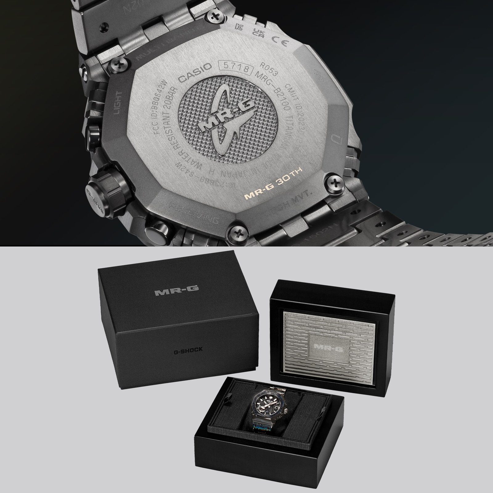 The MRG-B2100HR case back with the MR-G 30th engraving, above the special presentation box