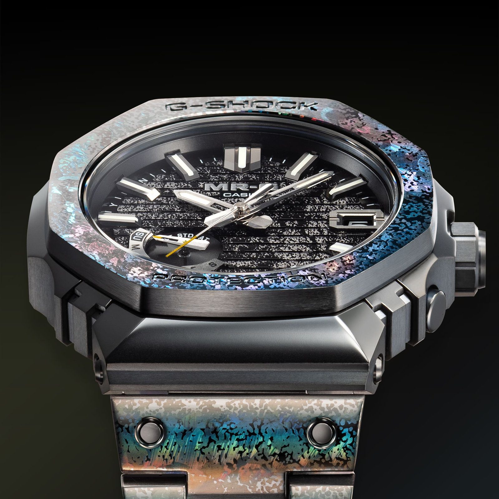 Side view of the G-Shock MRG-B2100HR-1A showing the octagonal bezel, crown guard and bracelet