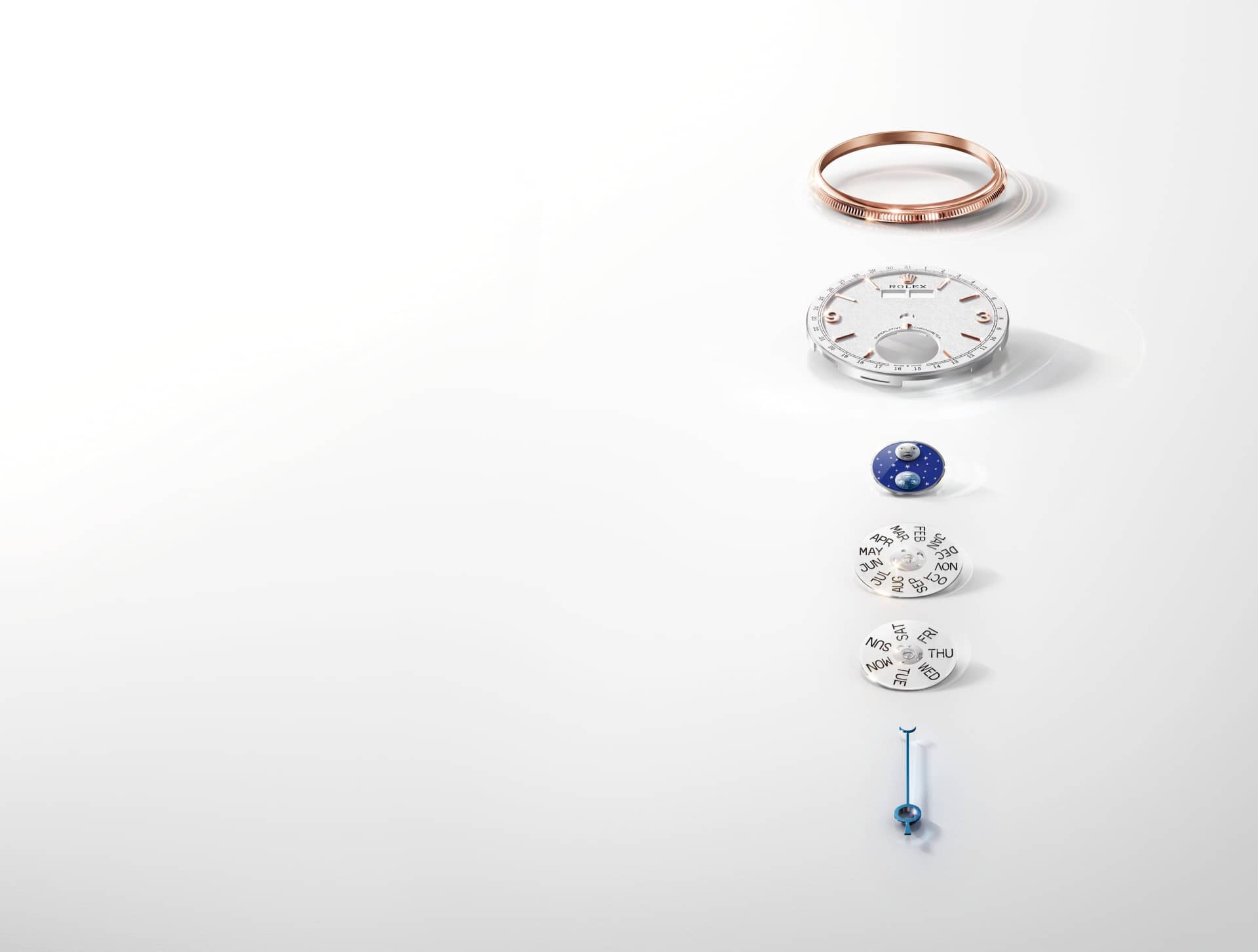 The parts of the Padellone calendar laid out in a column: bezel, dial, moonphase disc, month disc, day disc and date hand