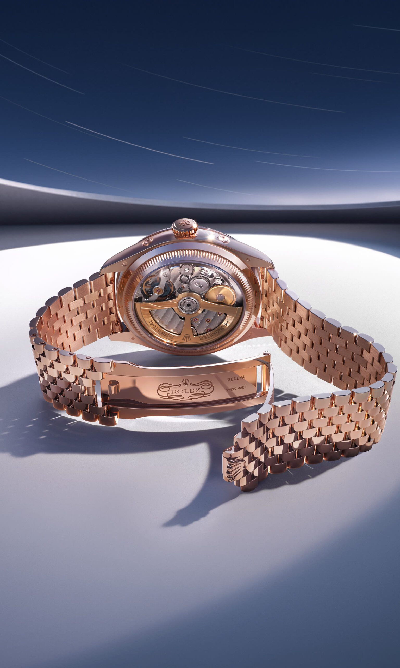The back of the Rolex Perpetual Padellone in Everose gold, showing the sapphire display back and the open bracelet clasp
