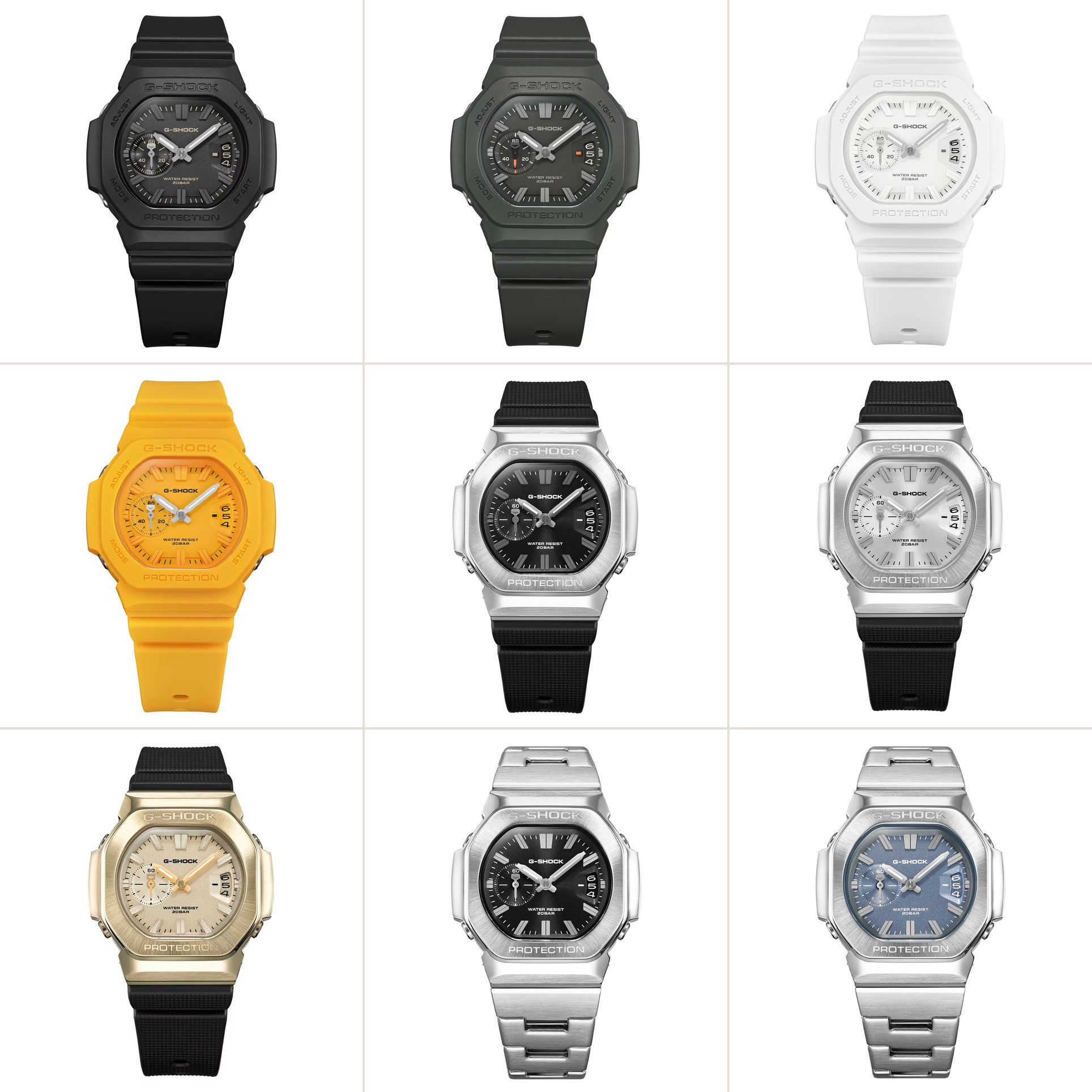 All nine versions of the G-Shock 2500 side by side: GAC-2500-1A, -3A, -7A and -9A in resin; GMC-2500-1A, -1A8 and -2500G-9A with a steel or gold bezel on a resin strap; GMC-2500D-1A and -1A2 on a steel bracelet