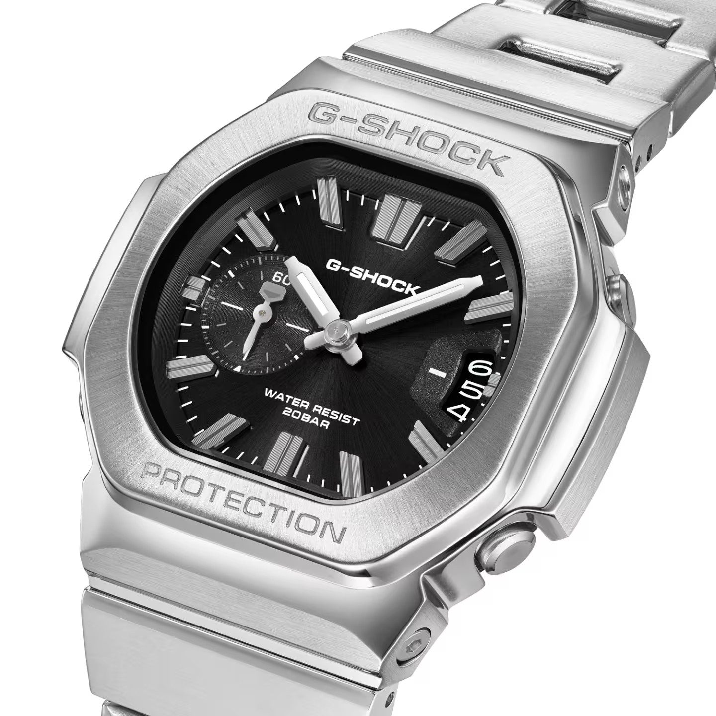 Angled close-up of the G-Shock 2500 GMC-2500D, showing the octagonal steel bezel engraved G-Shock and Protection, and the steel bracelet