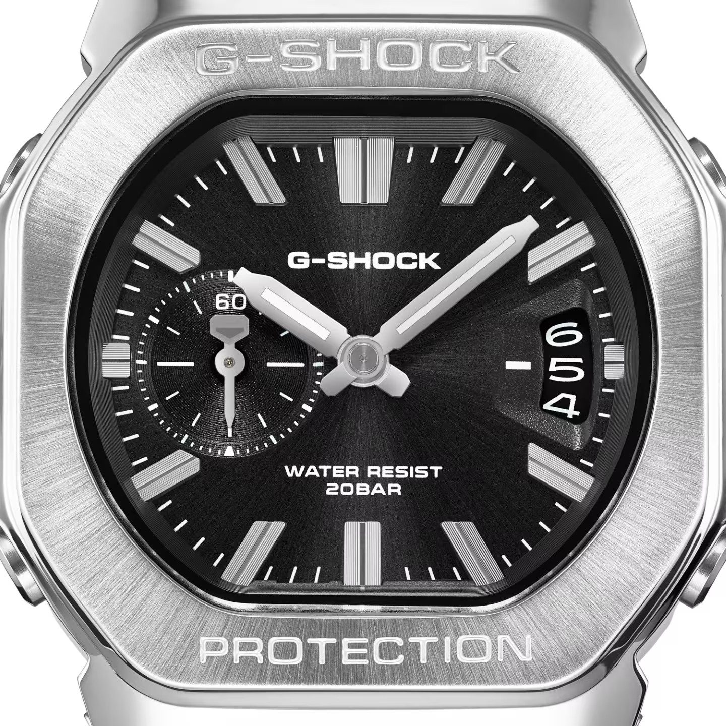 Close-up of the black G-Shock 2500 dial inside the steel bezel, showing the hands, the small seconds at 9 o'clock and the three-cell Multi-Mission Date window at 3 o'clock