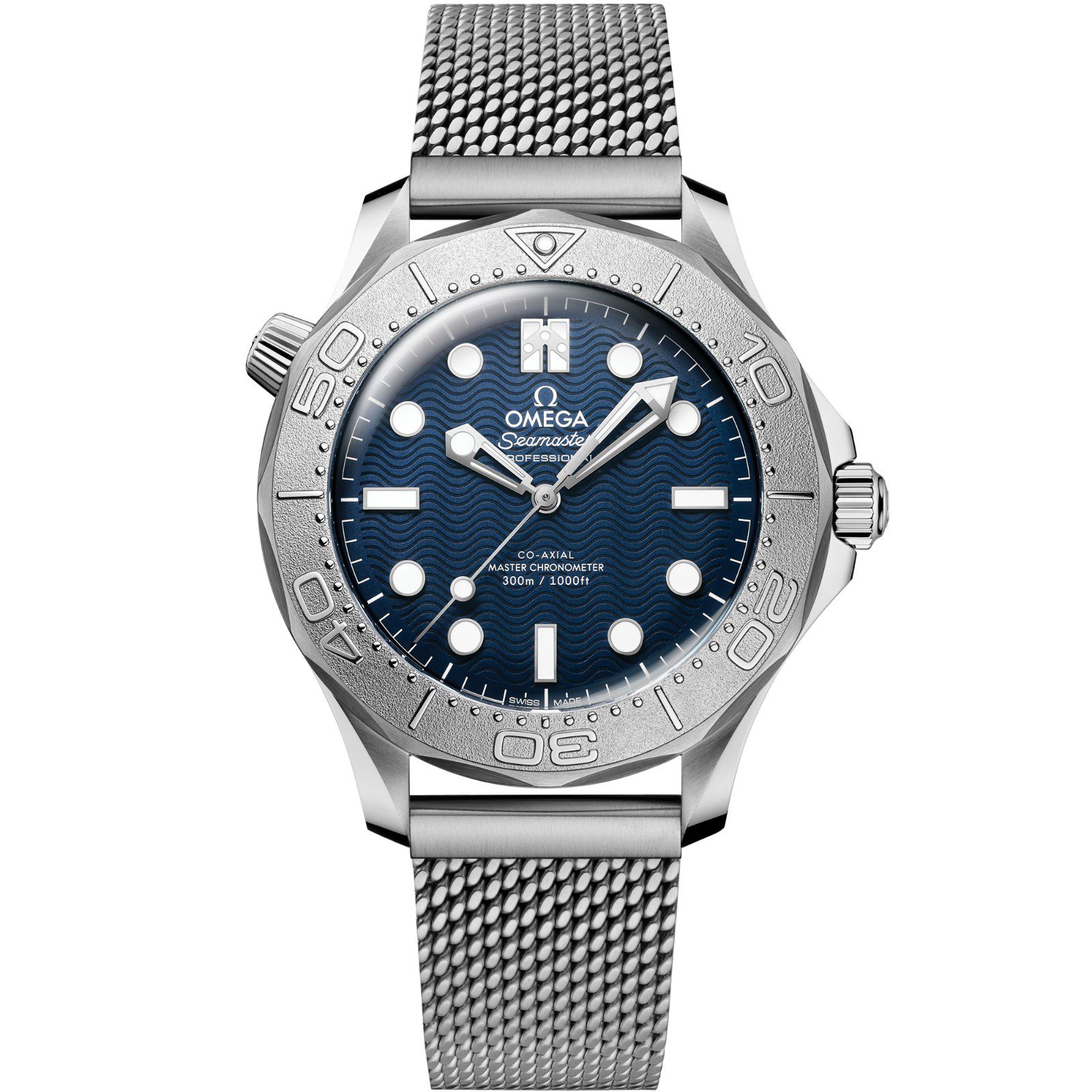 Front view of the Omega Seamaster Diver 300M James Bond Edition with blue wave dial and titanium bezel