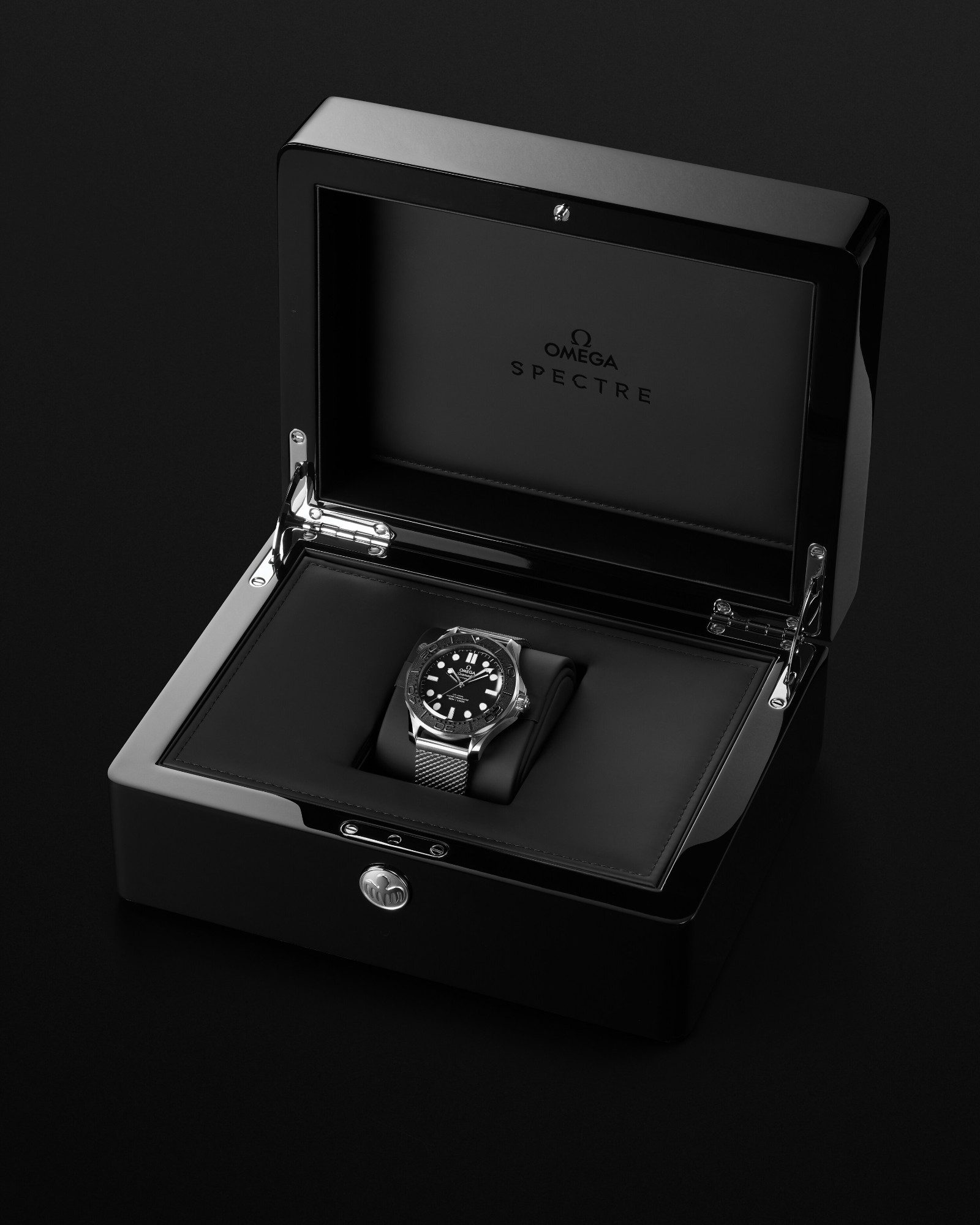 The Omega Seamaster Diver 300M SPECTRE Edition in its open black presentation box