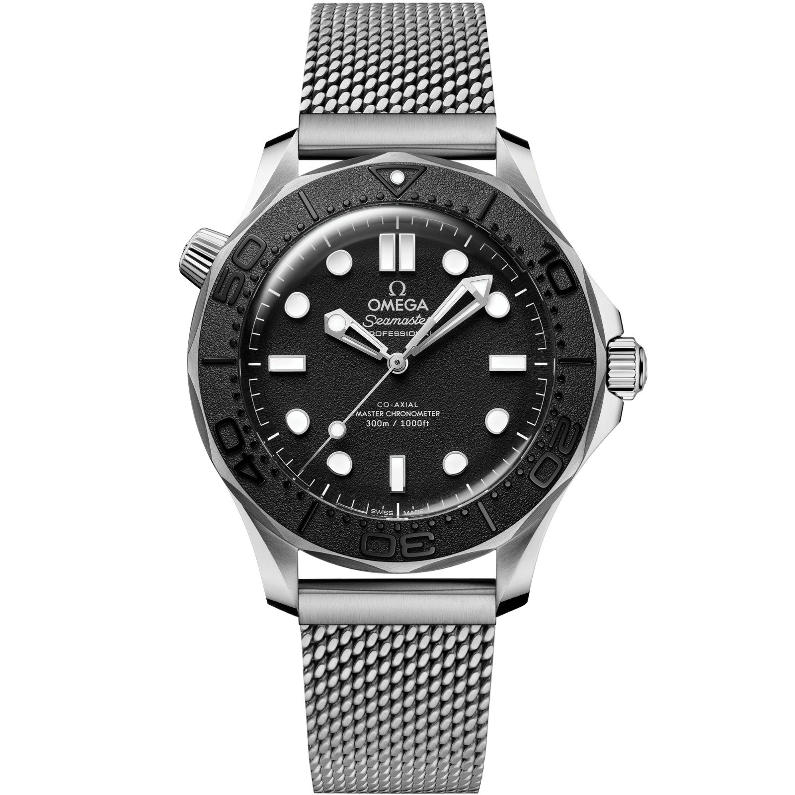 Front view of the Omega Seamaster Diver 300M SPECTRE Edition with black grained dial and black ceramic bezel