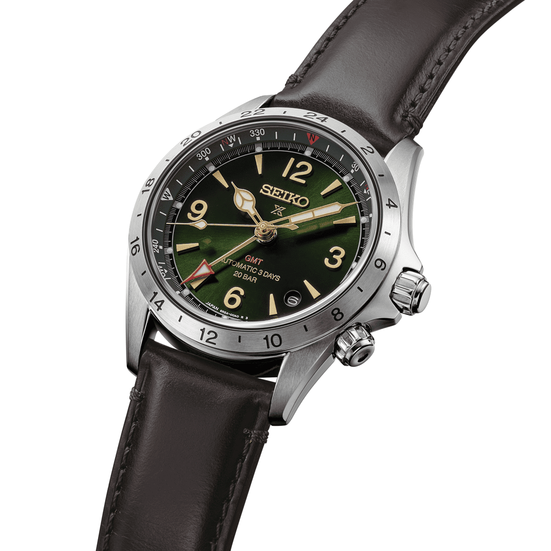 Angled view of the Seiko Alpinist GMT HBC007 showing the crown at 3 o'clock and the compass crown at 4 o'clock