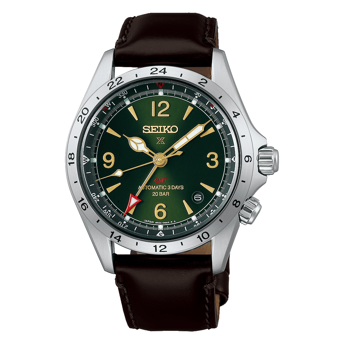Front view of the Seiko Alpinist GMT HBC007 showing the green dial, gold-tone hands and markers, red-tipped GMT hand and 24-hour bezel