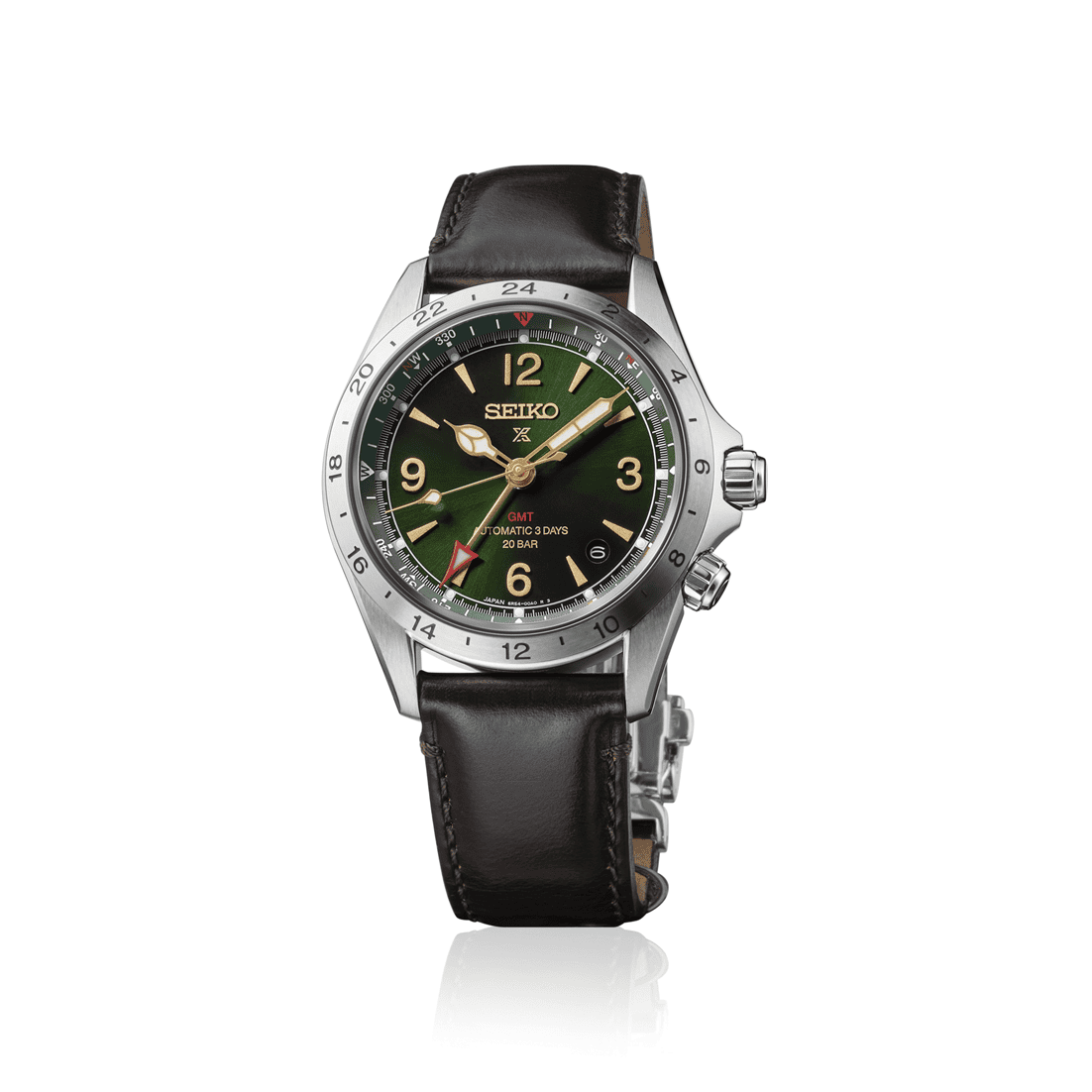 Side view of the Seiko Alpinist GMT HBC007 on its leather strap, showing the two crowns and the case profile