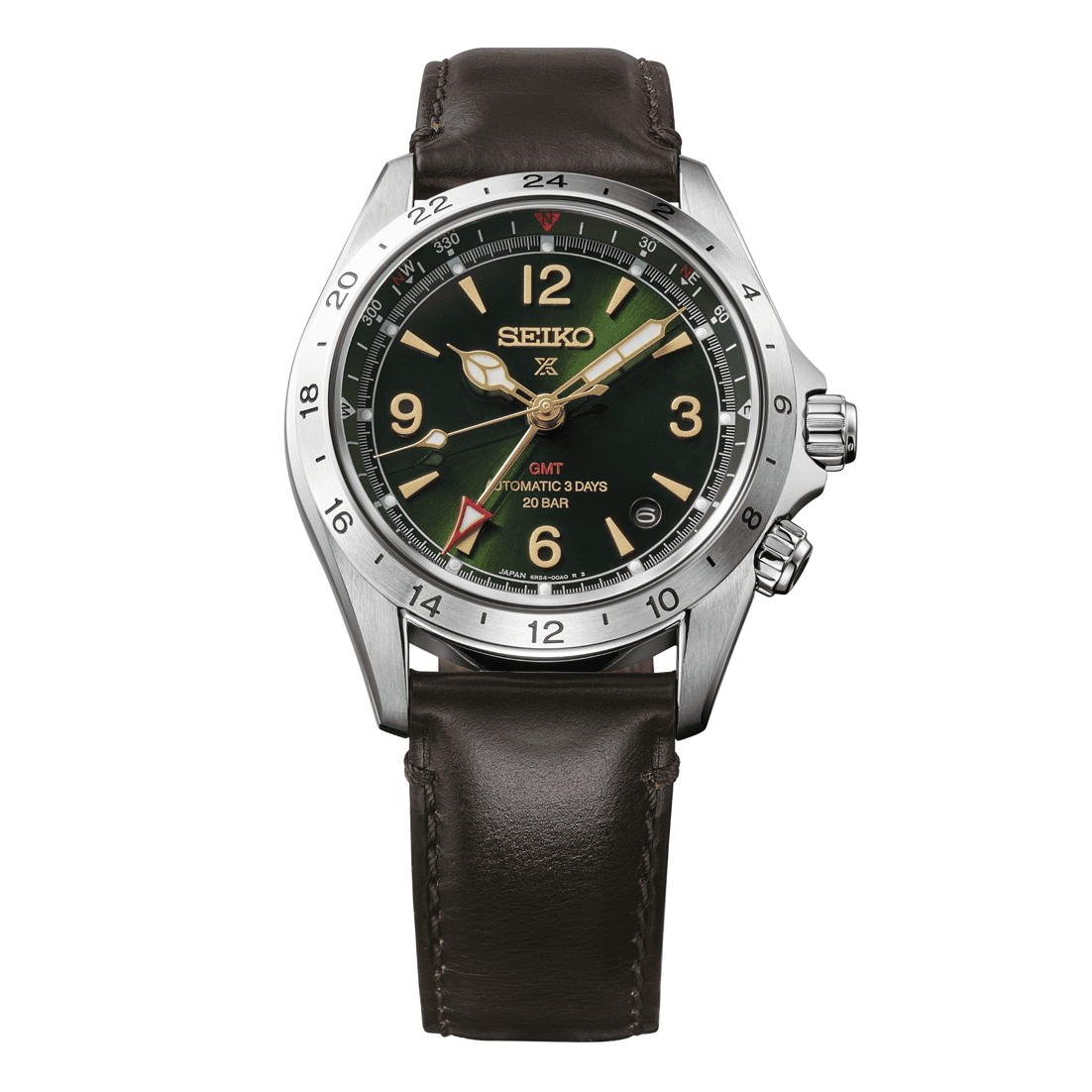 Three-quarter front view of the Seiko Alpinist GMT HBC007 on its dark brown leather strap