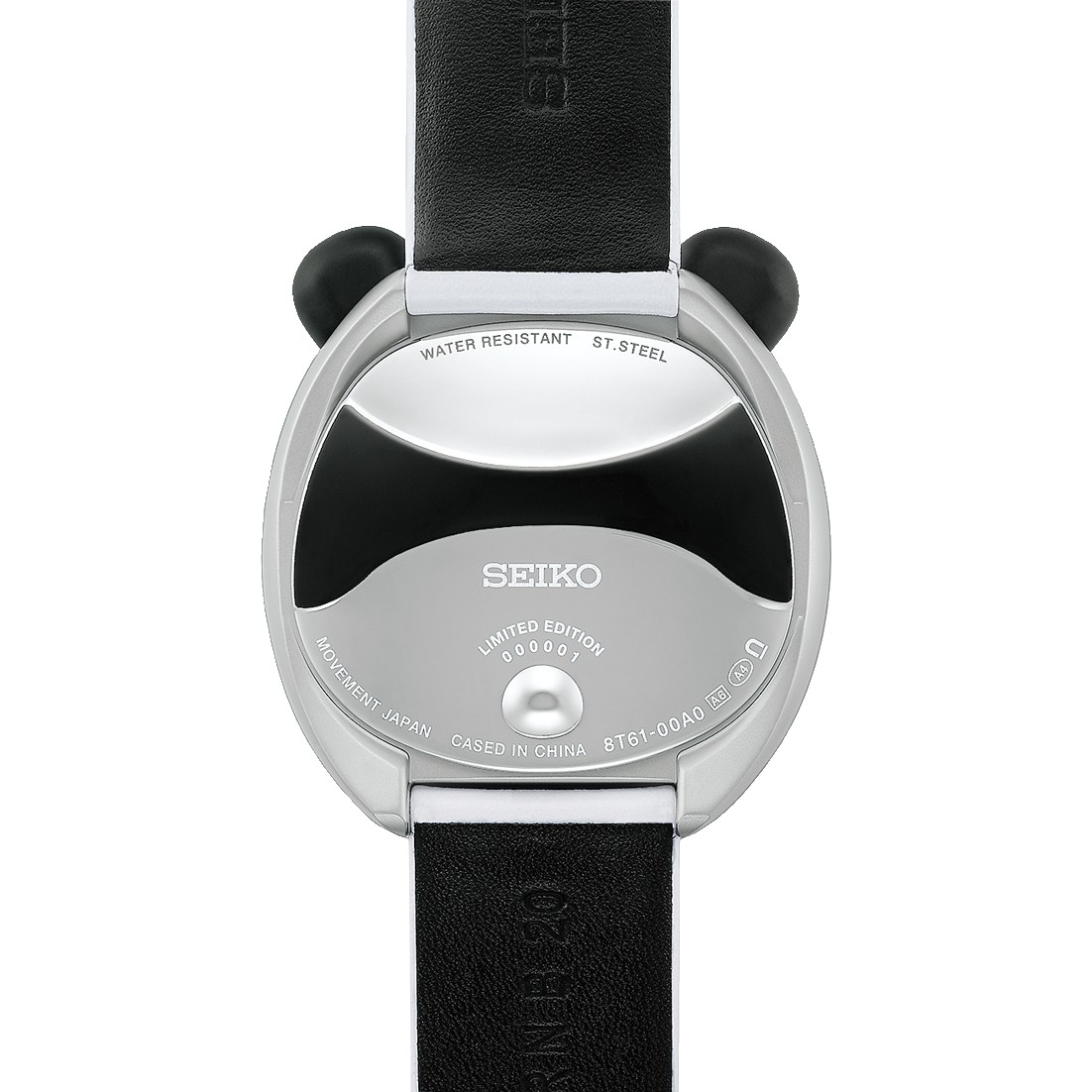 The caseback of the Seiko Panda Chronograph HHK001, shaped and striped to look like the back and shoulders of a panda