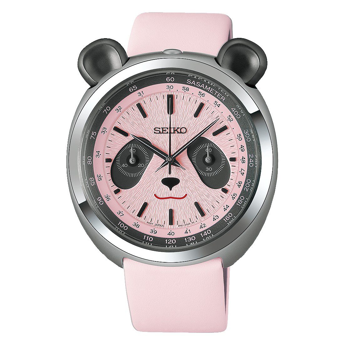 Front view of the pink Seiko Panda Chronograph HHK002 with black eye-patch subdials and black ear pushers